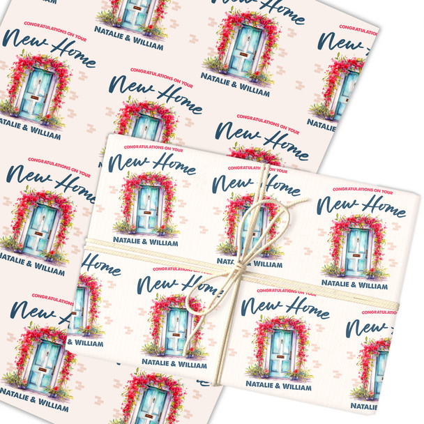 Personalised Wrapping Paper New Home Blue Door Red Flower Custom Gift Wrap