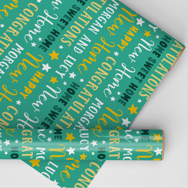 Personalised Wrapping Paper New Home Green Yellow Star Custom Gift Wrap