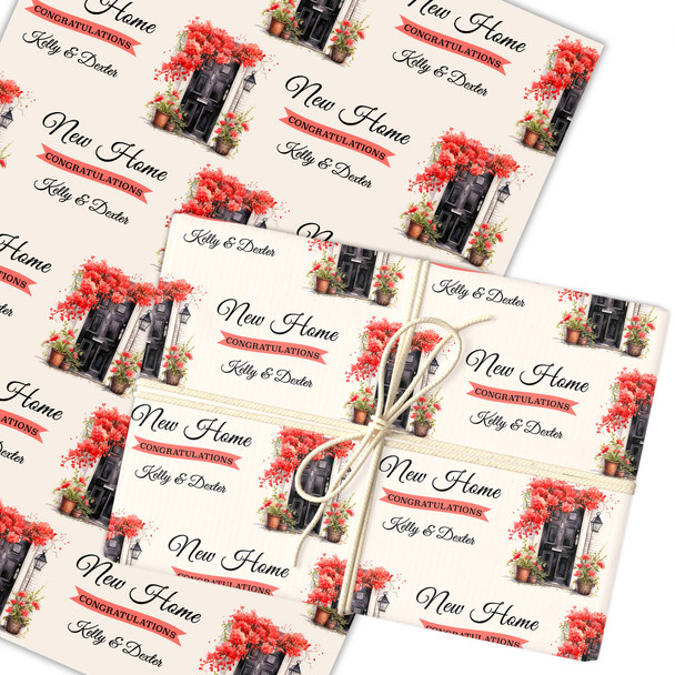 Personalised Wrapping Paper New Home Red Floral Black Front Door Gift Wrap