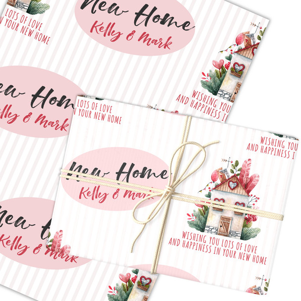 Personalised Wrapping Paper New Home Watercolour Pink Stripes Custom Gift Wrap