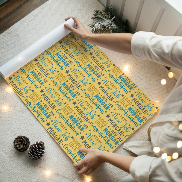 Personalised Wrapping Paper New Job Congratulations Blue Yellow Stars Gift Wrap