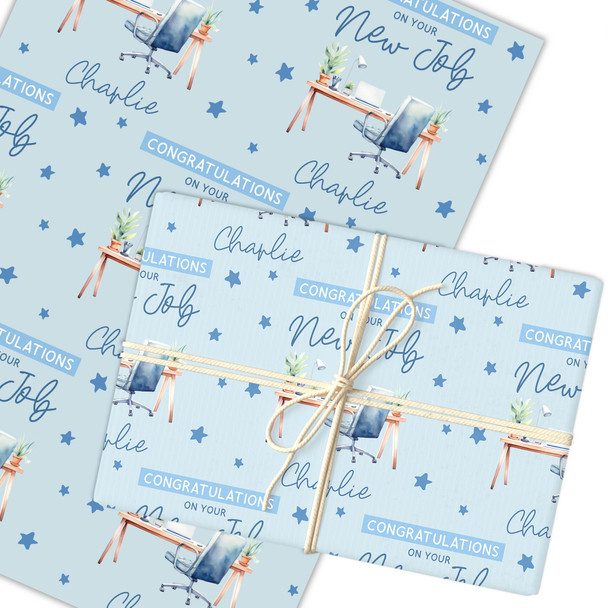 Personalised Wrapping Paper New Job Congratulations Male Blue Desk Office Job