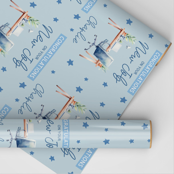 Personalised Wrapping Paper New Job Congratulations Male Blue Desk Office Job
