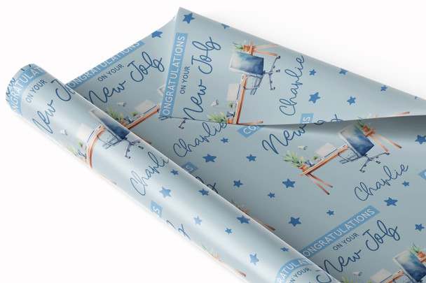 Personalised Wrapping Paper New Job Congratulations Male Blue Desk Office Job
