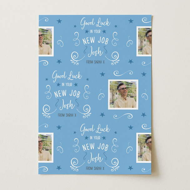 Personalised Wrapping Paper New Job Good Luck Photo Blue Lines Stars Gift Wrap