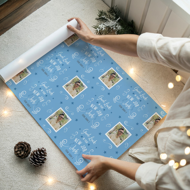 Personalised Wrapping Paper New Job Good Luck Photo Blue Lines Stars Gift Wrap