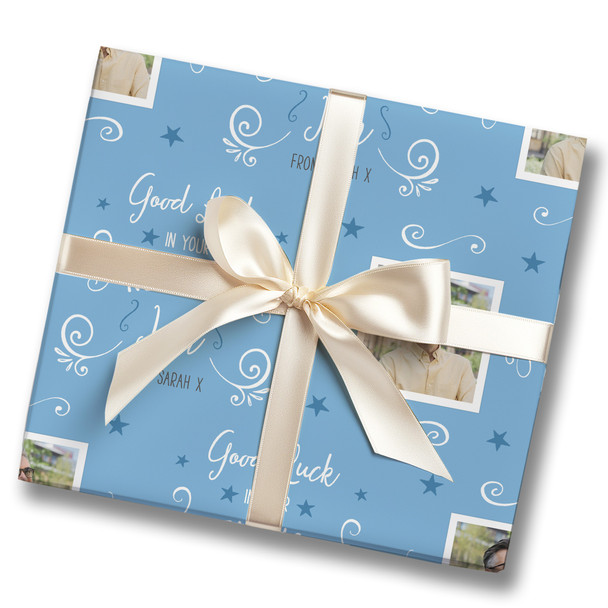 Personalised Wrapping Paper New Job Good Luck Photo Blue Lines Stars Gift Wrap