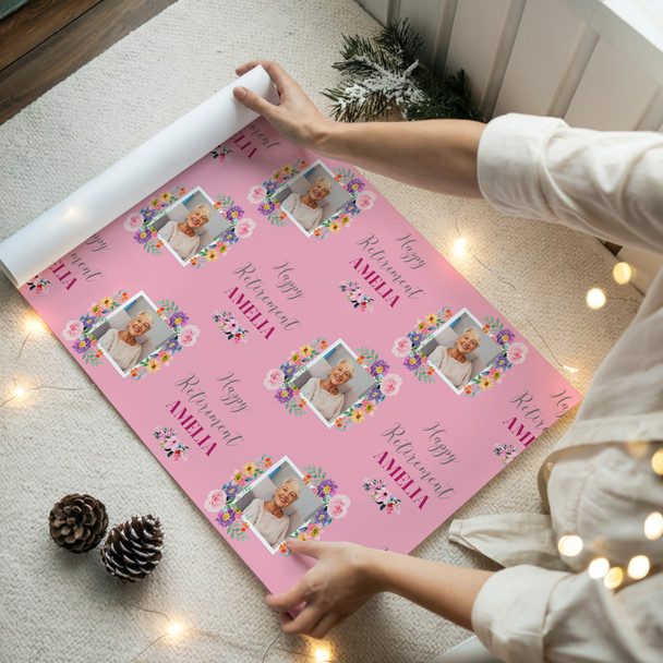 Personalised Wrapping Paper Retirement Female Photo Flower Pink Custom Gift Wrap