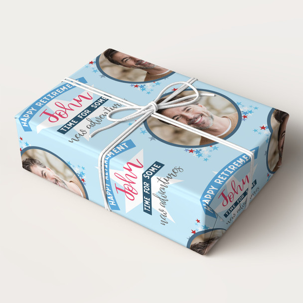 Personalised Wrapping Paper Retirement Male Photo Blue Stars Custom Gift Wrap