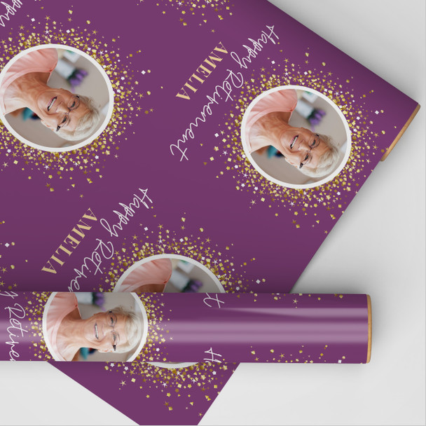 Personalised Wrapping Paper Retirement Photo Confetti Purple Gold Gift Wrap