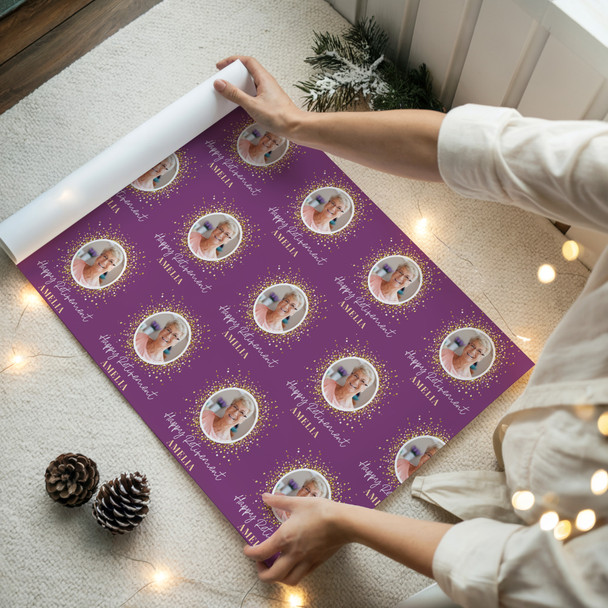 Personalised Wrapping Paper Retirement Photo Confetti Purple Gold Gift Wrap