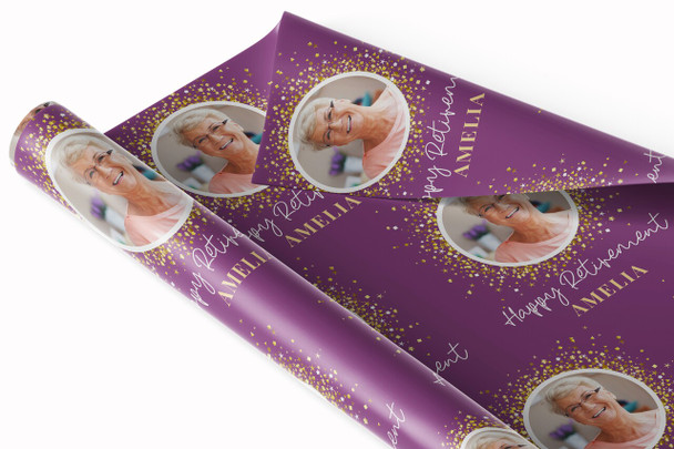 Personalised Wrapping Paper Retirement Photo Confetti Purple Gold Gift Wrap