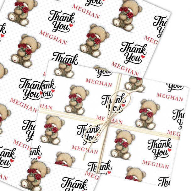 Personalised Wrapping Paper Thank You Cute Teddy Bear Roses Custom Gift Wrap