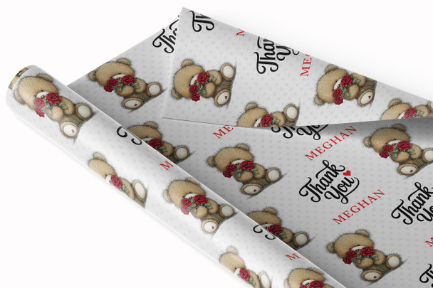 Personalised Wrapping Paper Thank You Cute Teddy Bear Roses Custom Gift Wrap