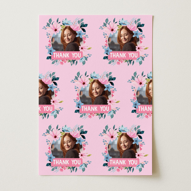 Personalised Wrapping Paper Thank You Female Photo Pink Flowers Custom Gift Wrap