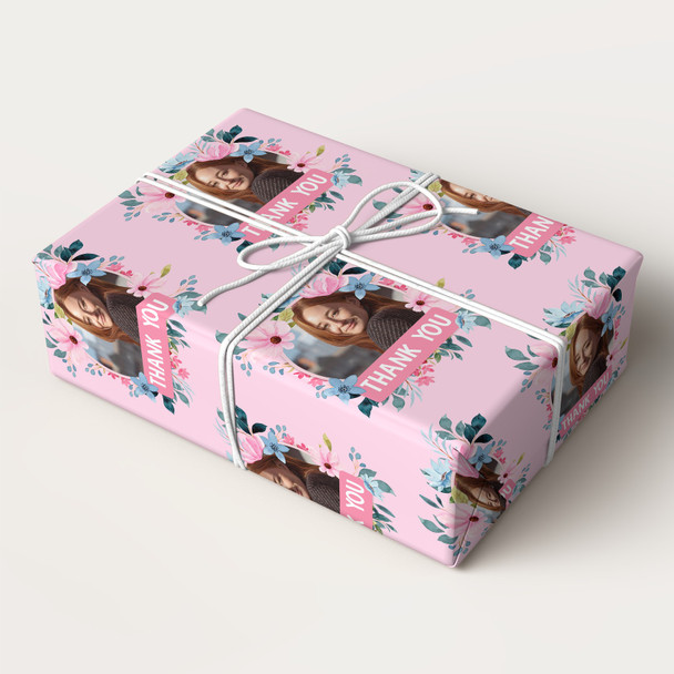 Personalised Wrapping Paper Thank You Female Photo Pink Flowers Custom Gift Wrap