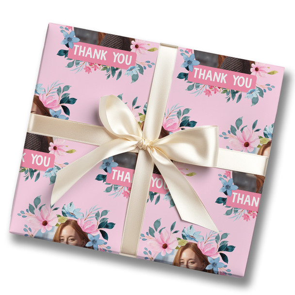 Personalised Wrapping Paper Thank You Female Photo Pink Flowers Custom Gift Wrap