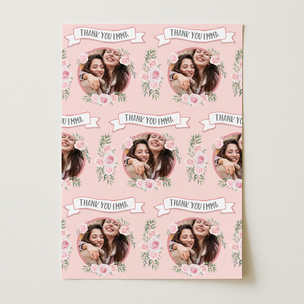 Personalised Wrapping Paper Thank You Photo Pink Flowers Custom Gift Wrap