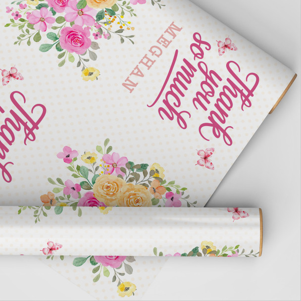 Personalised Wrapping Paper Thank You Pink Yellow Flowers Custom Gift Wrap