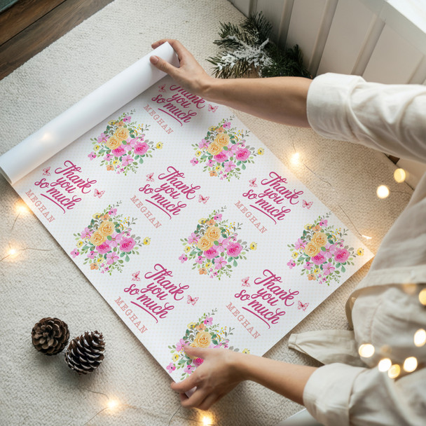 Personalised Wrapping Paper Thank You Pink Yellow Flowers Custom Gift Wrap