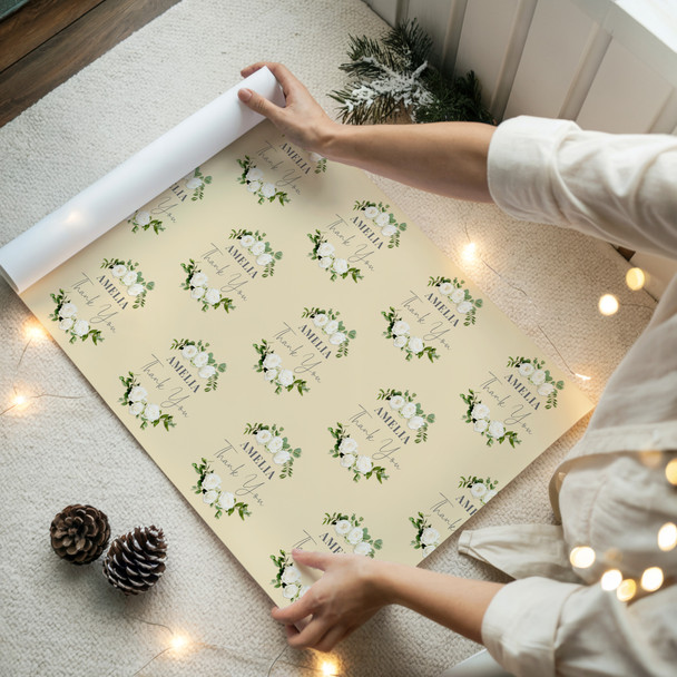 Personalised Wrapping Paper Thank You White Flowers Cream Custom Gift Wrap