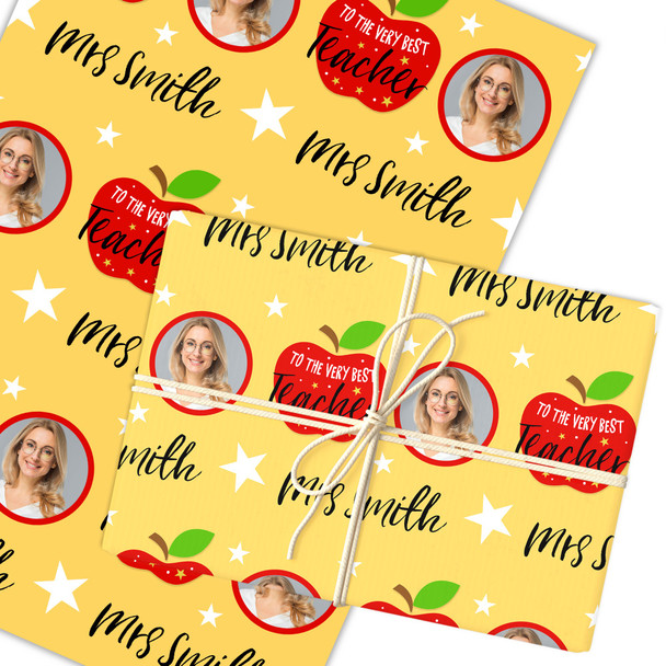 Personalised Wrapping Paper Thank You Teacher Photo Very Best Red Apple Yellow