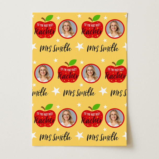 Personalised Wrapping Paper Thank You Teacher Photo Very Best Red Apple Yellow