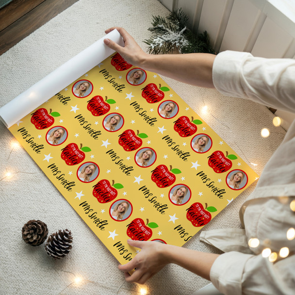 Personalised Wrapping Paper Thank You Teacher Photo Very Best Red Apple Yellow
