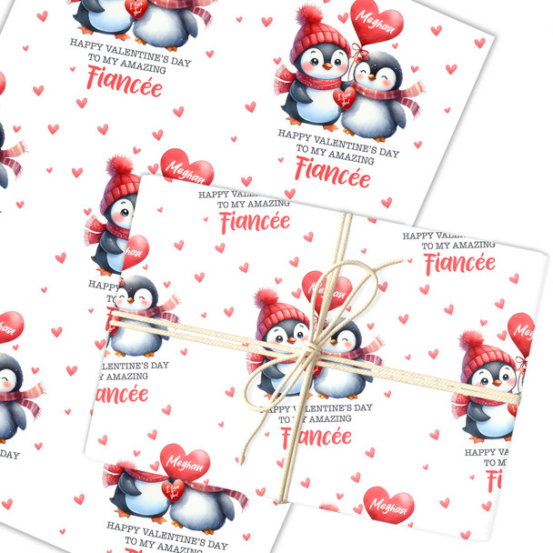 Personalised Wrapping Paper Valentine's Day Fiancée Cute Penguin Gift Wrap