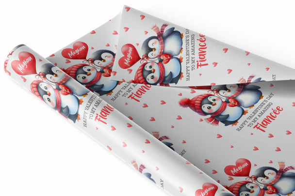 Personalised Wrapping Paper Valentine's Day Fiancée Cute Penguin Gift Wrap