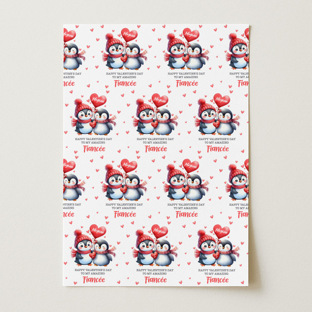 Personalised Wrapping Paper Valentine's Day Fiancée Cute Penguin Gift-Wrap