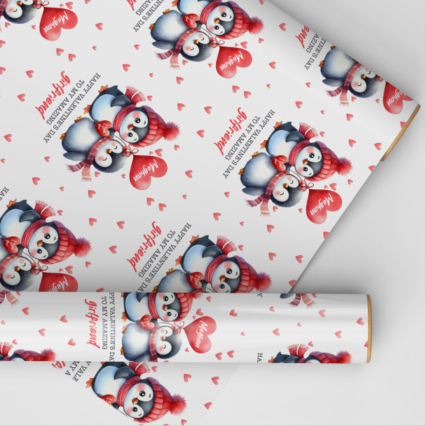Personalised Wrapping Paper Valentine's Day Girlfriend Cute Penguin Gift Wrap