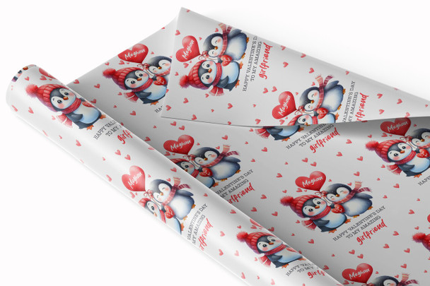 Personalised Wrapping Paper Valentine's Day Girlfriend Cute Penguin Gift Wrap