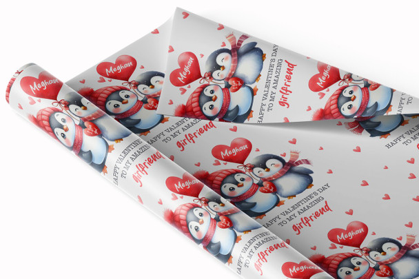 Personalised Wrapping Paper Valentine's Day Girlfriend Cute Penguins Gift Wrap