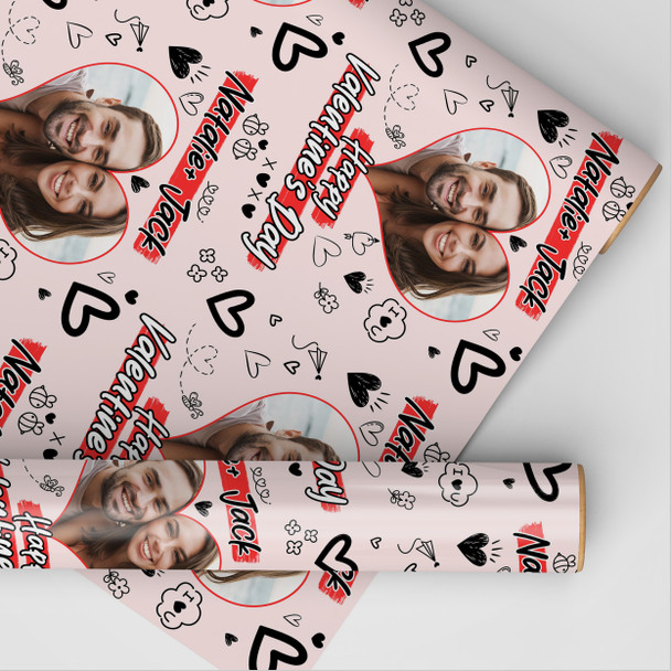 Personalised Wrapping Paper Valentine's Day Heart Photo Doodles I Love You