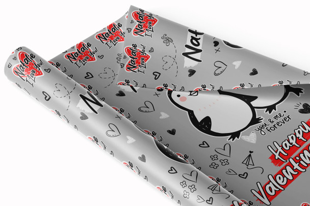 Personalised Wrapping Paper Valentine's Day Penguin Couple Doodles I Love You