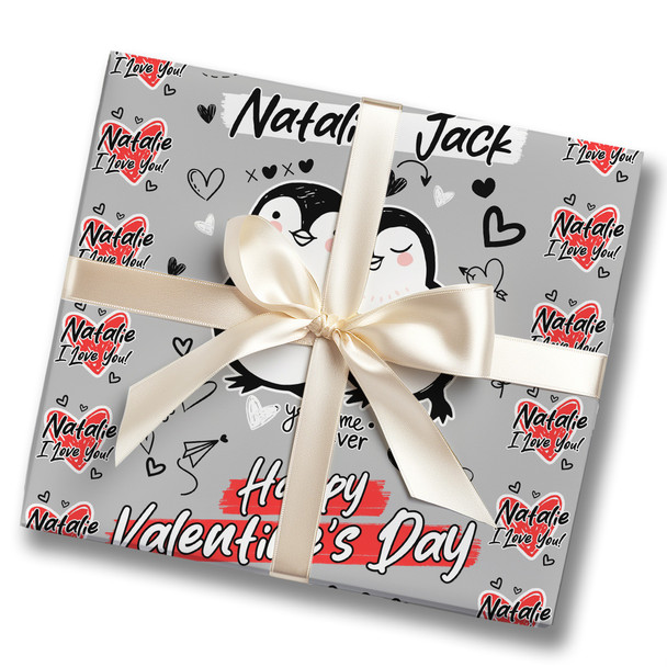 Personalised Wrapping Paper Valentine's Day Penguin Couple Doodles I Love You