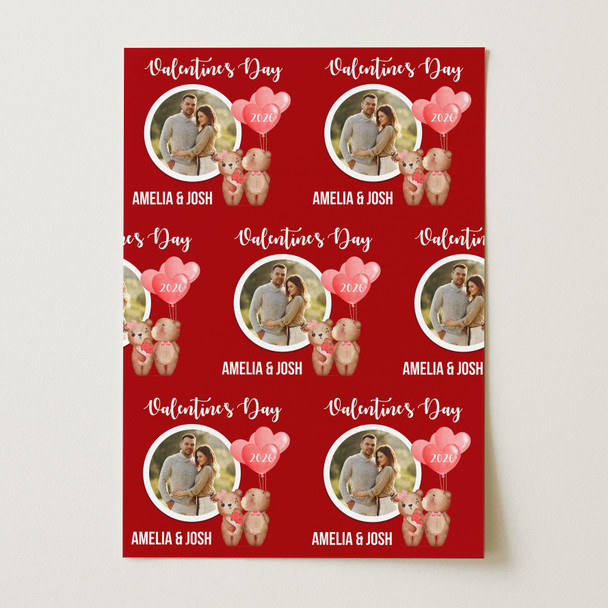 Personalised Wrapping Paper Valentine's Day Photo Bear Couple Heart Balloon Red