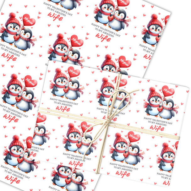 Personalised Wrapping Paper Valentine's Day Wife Cute Penguin Custom Gift Wrap