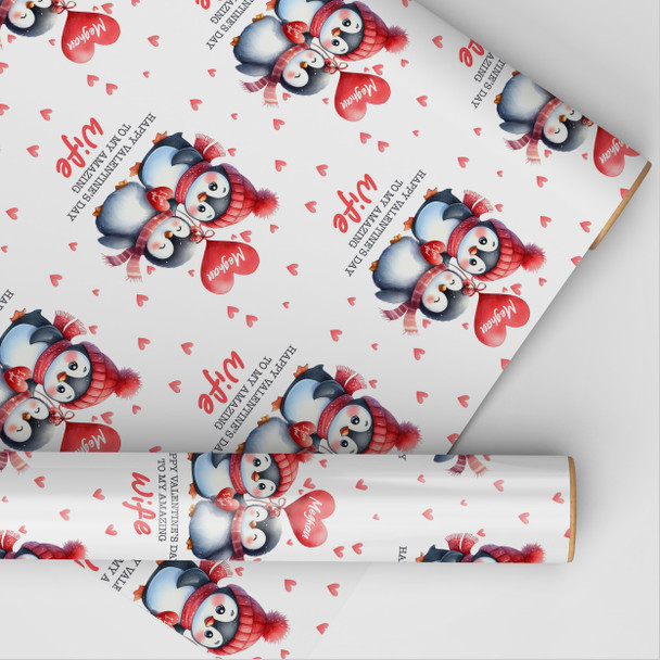 Personalised Wrapping Paper Valentine's Day Wife Cute Penguin Custom Gift Wrap