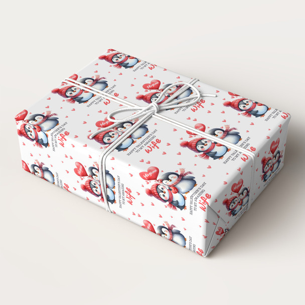 Personalised Wrapping Paper Valentine's Day Wife Cute Penguin Custom Gift Wrap