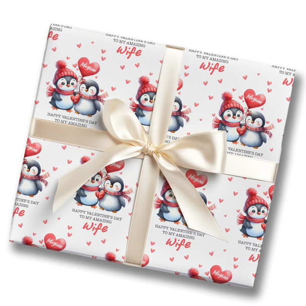 Personalised Wrapping Paper Valentine's Day Wife Cute Penguin Custom Gift Wrap