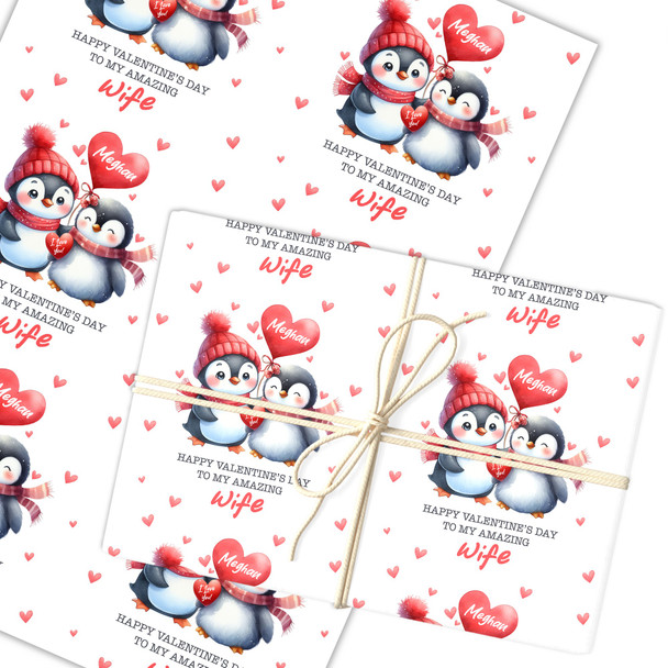 Personalised Wrapping Paper Valentine's Day Wife Cute Penguins Custom Gift Wrap