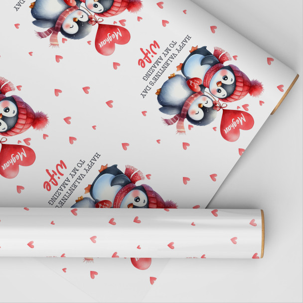 Personalised Wrapping Paper Valentine's Day Wife Cute Penguins Custom Gift Wrap
