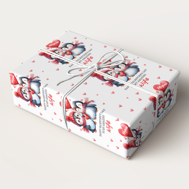 Personalised Wrapping Paper Valentine's Day Wife Cute Penguins Custom Gift Wrap