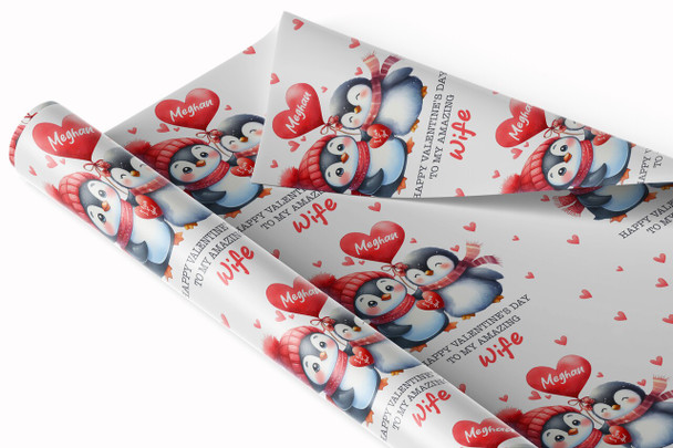 Personalised Wrapping Paper Valentine's Day Wife Cute Penguins Custom Gift Wrap