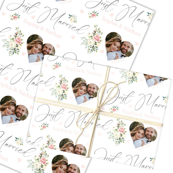 Personalised Wrapping Paper Wedding Day Floral Just Married Heart Photo White