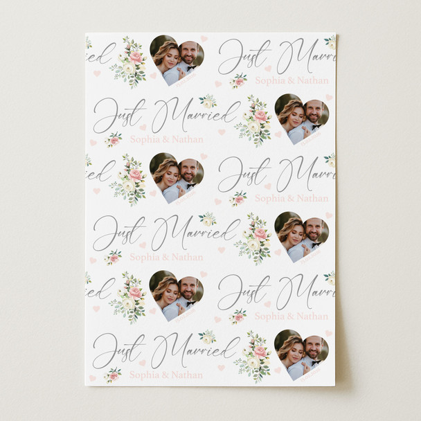 Personalised Wrapping Paper Wedding Day Floral Just Married Heart Photo White