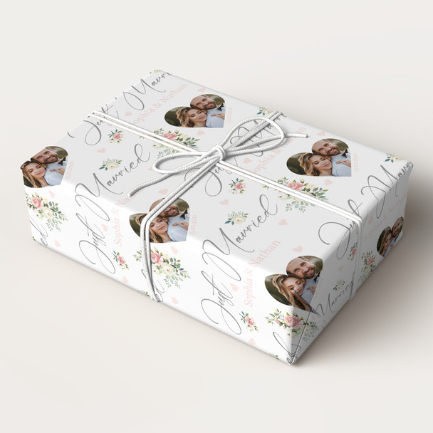 Personalised Wrapping Paper Wedding Day Floral Just Married Heart Photo White