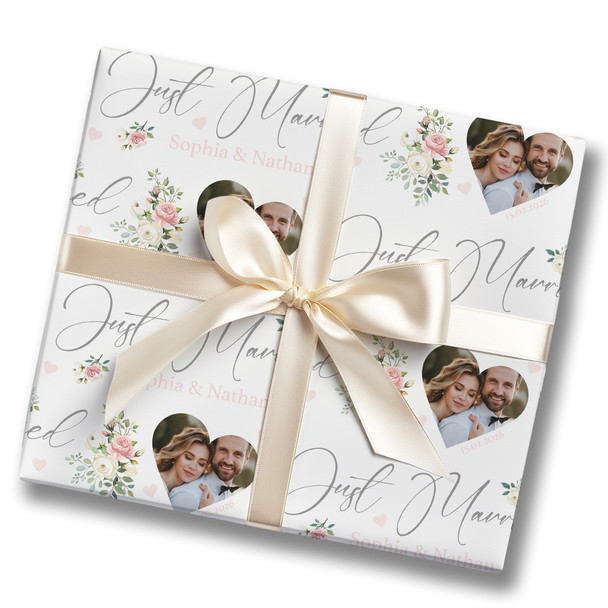Personalised Wrapping Paper Wedding Day Floral Just Married Heart Photo White